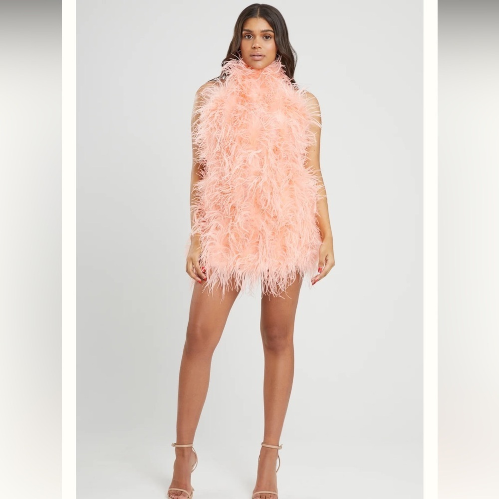 SAFFIYYAH PAUL Ostrich Feather Peach High Neck Open Back Mini Dress M/L - Picture 1 of 16